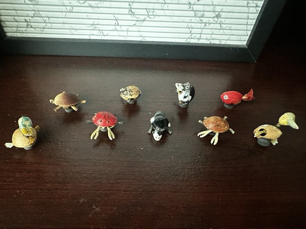 Lot of 8 Handcrafted Miniature Wooden Bobblehead Animals Folk Art Statue